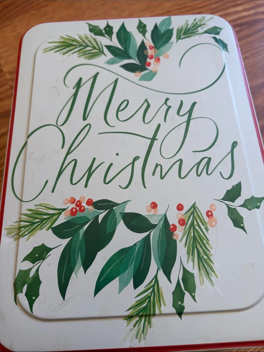 Red Embroidered Wreath Hand Towel with Merry Christmas Holiday Tin